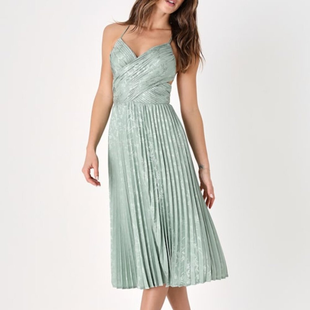 Lulus Pleating Up Sage Green Satin Jacquard Pleated Midi Dress - Size S